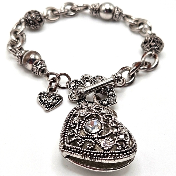 Vintage Silver Tone Puffy Heart Filigree Charm Toggle Heart Clasp Bracelet - Picture 5 of 8